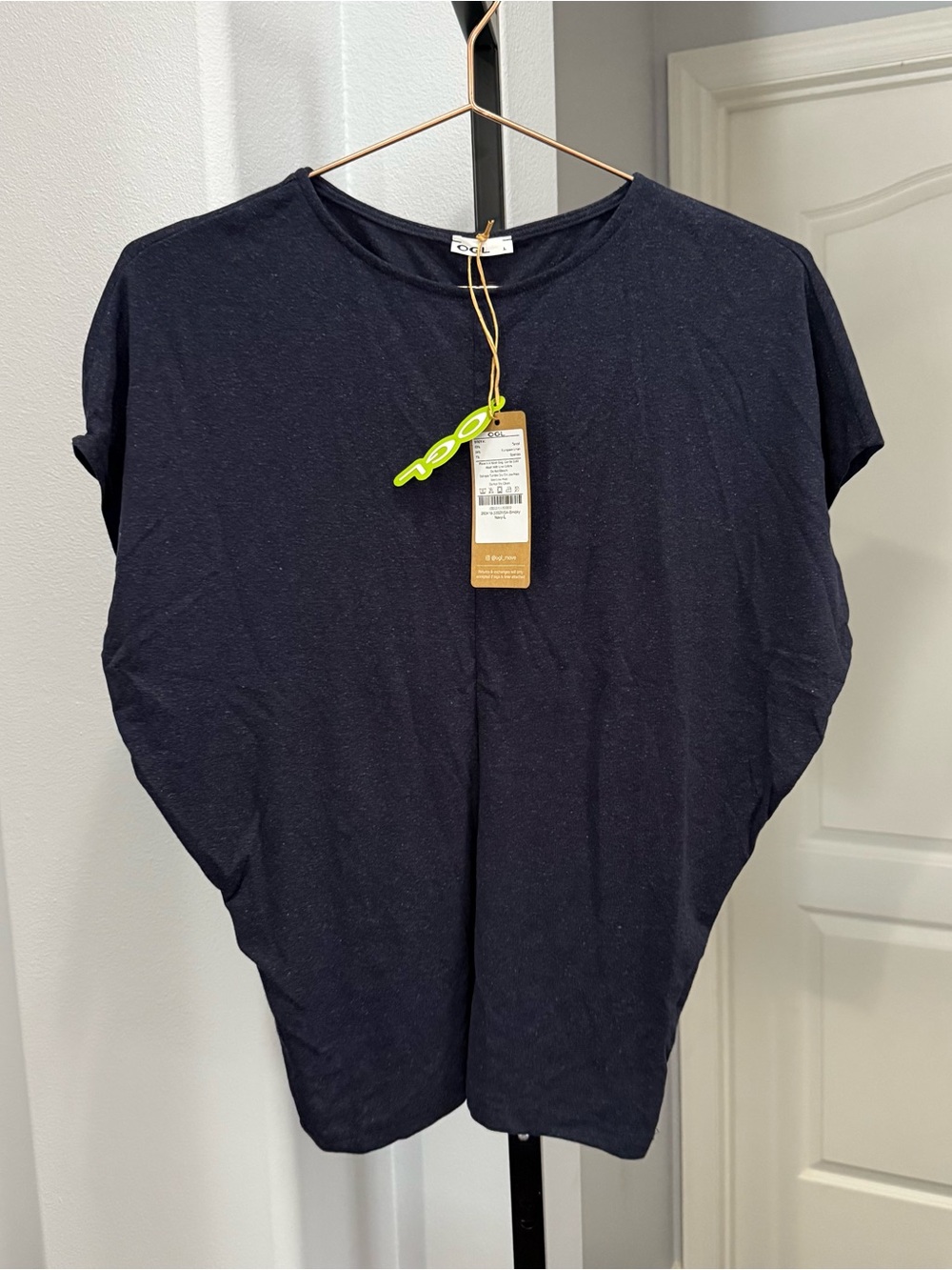 OGL European Linen Blend Tencel Round Neck Dolman Sleeve Tee Blue Size Large